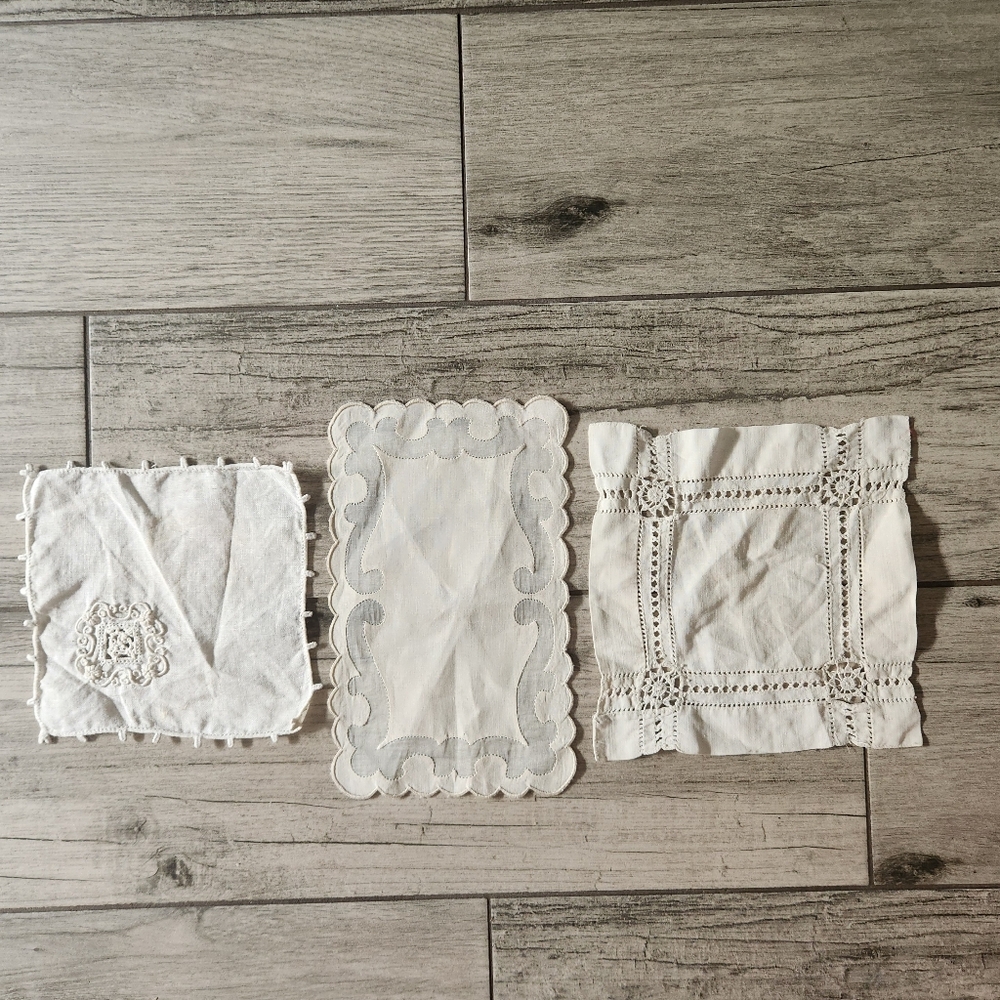 3 Vintage Antique White Linen Doililes Crochet Sheer Scalloped Cocktail Napkins